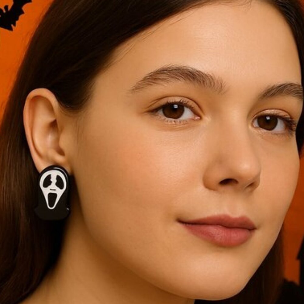 Ghostface Stud Earrings Spooky Halloween Earwear Black White OS Women New